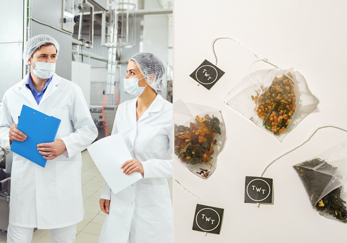 Two workers in protective lab coats, hairnets, and face masks holding clipboards in a production facility and a Tea With Tae pyramid tea sachets displaying tea ingredients.