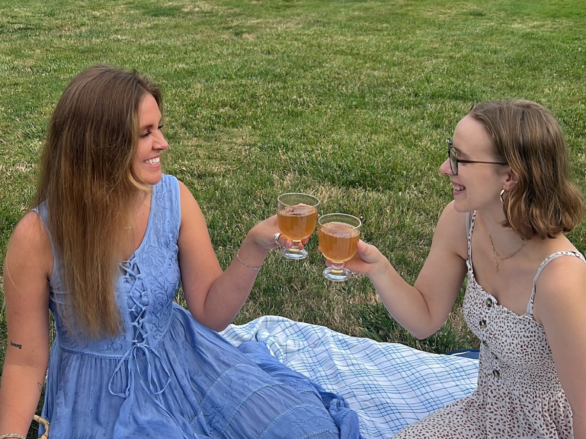 Two women sitting on a picnic blanket on the grass, smiling and toasting glasses of iced tea outdoors.